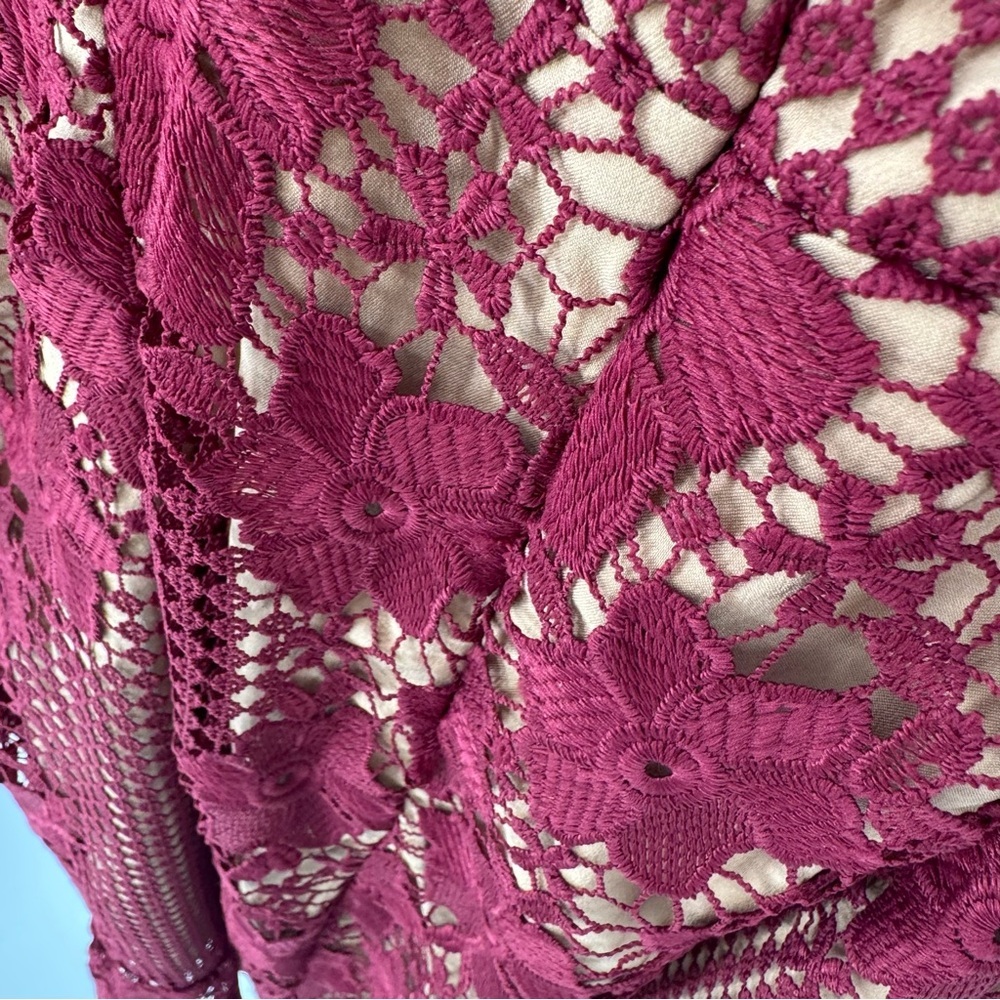 Bardot feminine whimsical  fairy Burgundy Lace romantic, formal Midi Dress - Picture 5 of 14